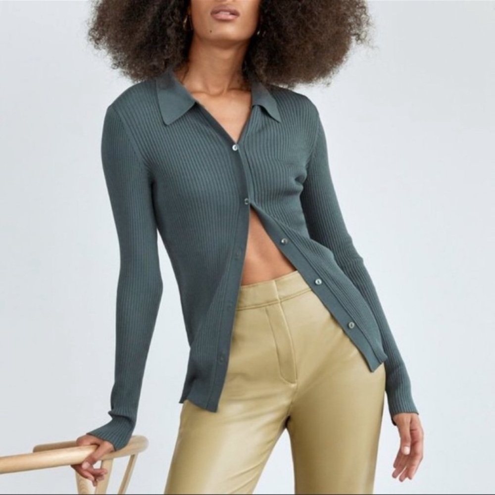 Aritzia Babaton Finley Sweater Ribbed, button-up cardigan Smoky Emerald Green